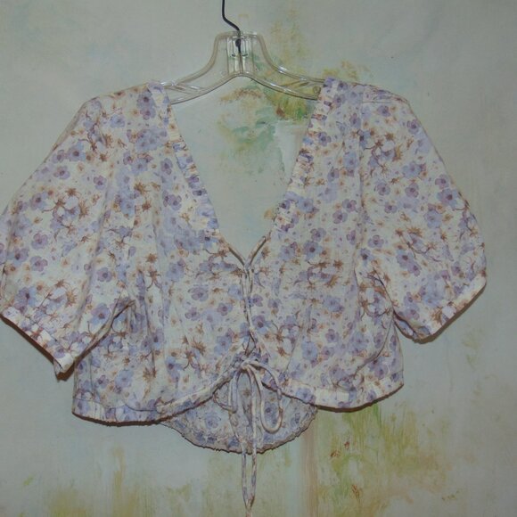 H&M LINEN Blend Cropped Watercolor Floral Blouse Top Prairie Corset Back Violet - Picture 10 of 10